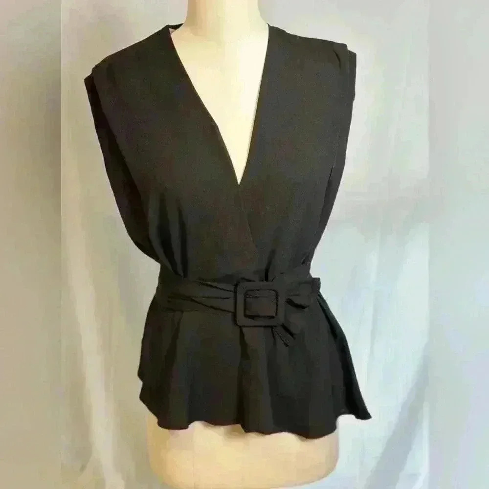 NWT! Zara Black V Neck Blouse with Belt (Size XS)